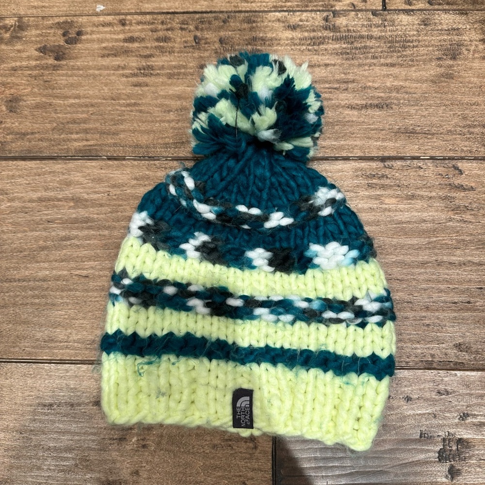 The North Face Teal And Lime Knit Pom-Pom Hat